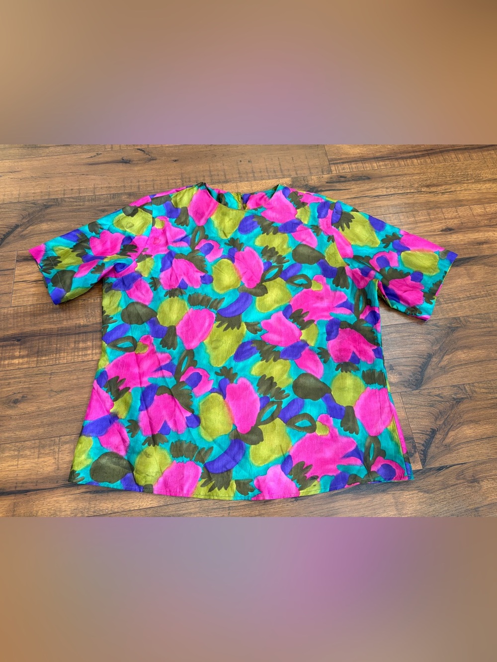 Vintage Notations Blouse Size Large Floral Short Sleeve Bright Watercolor Shirt